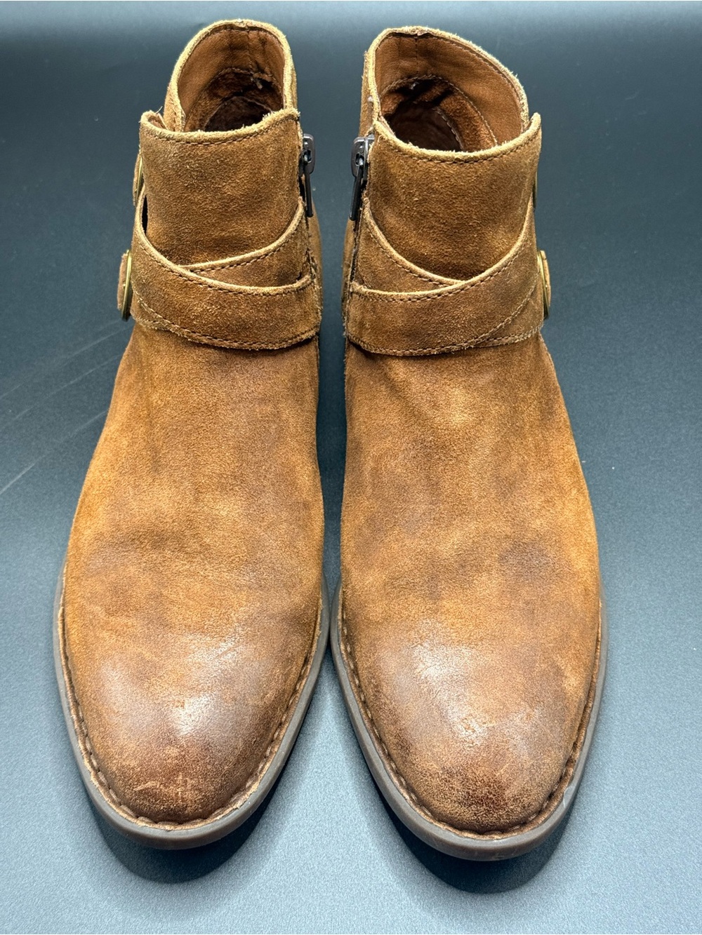 Born Brown Suede/Leather Ankle Booties with Buckle Strap Zip Up Sz. 8